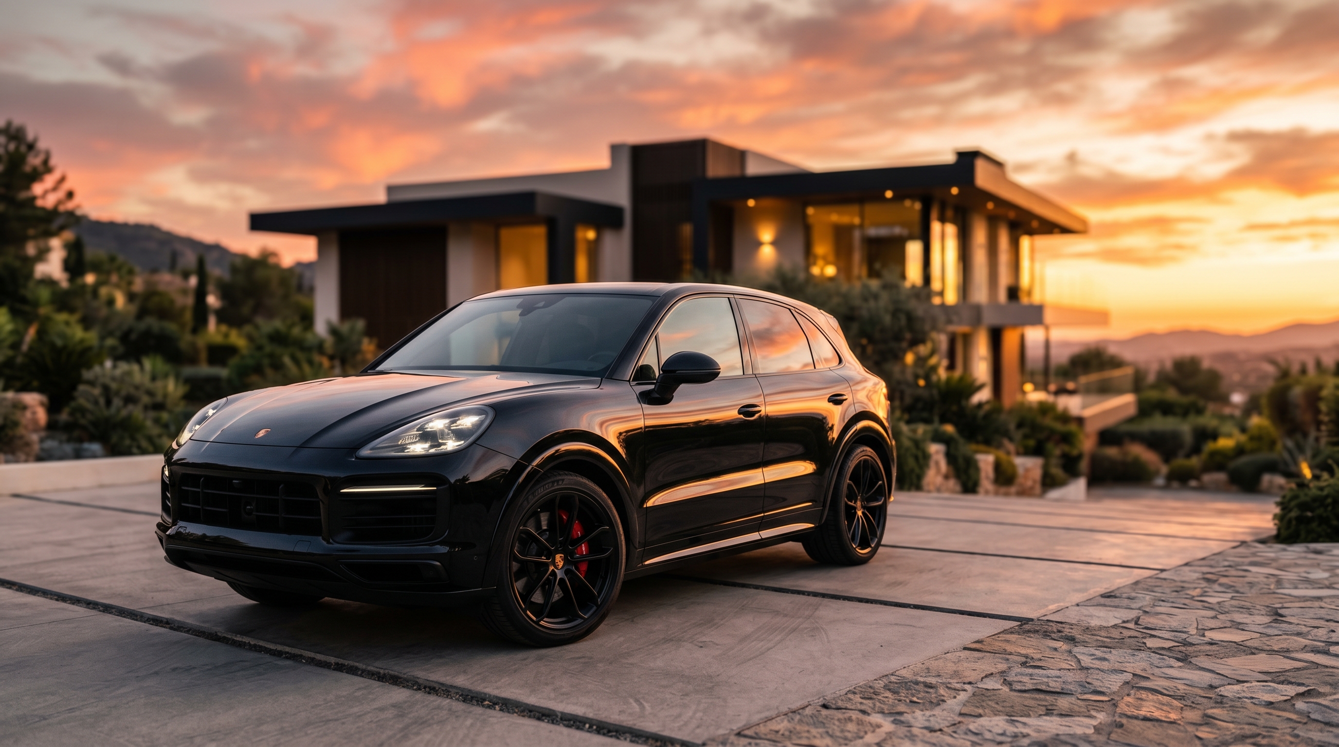 Porsche Cayenne GTS negro frente a villa al atardecer