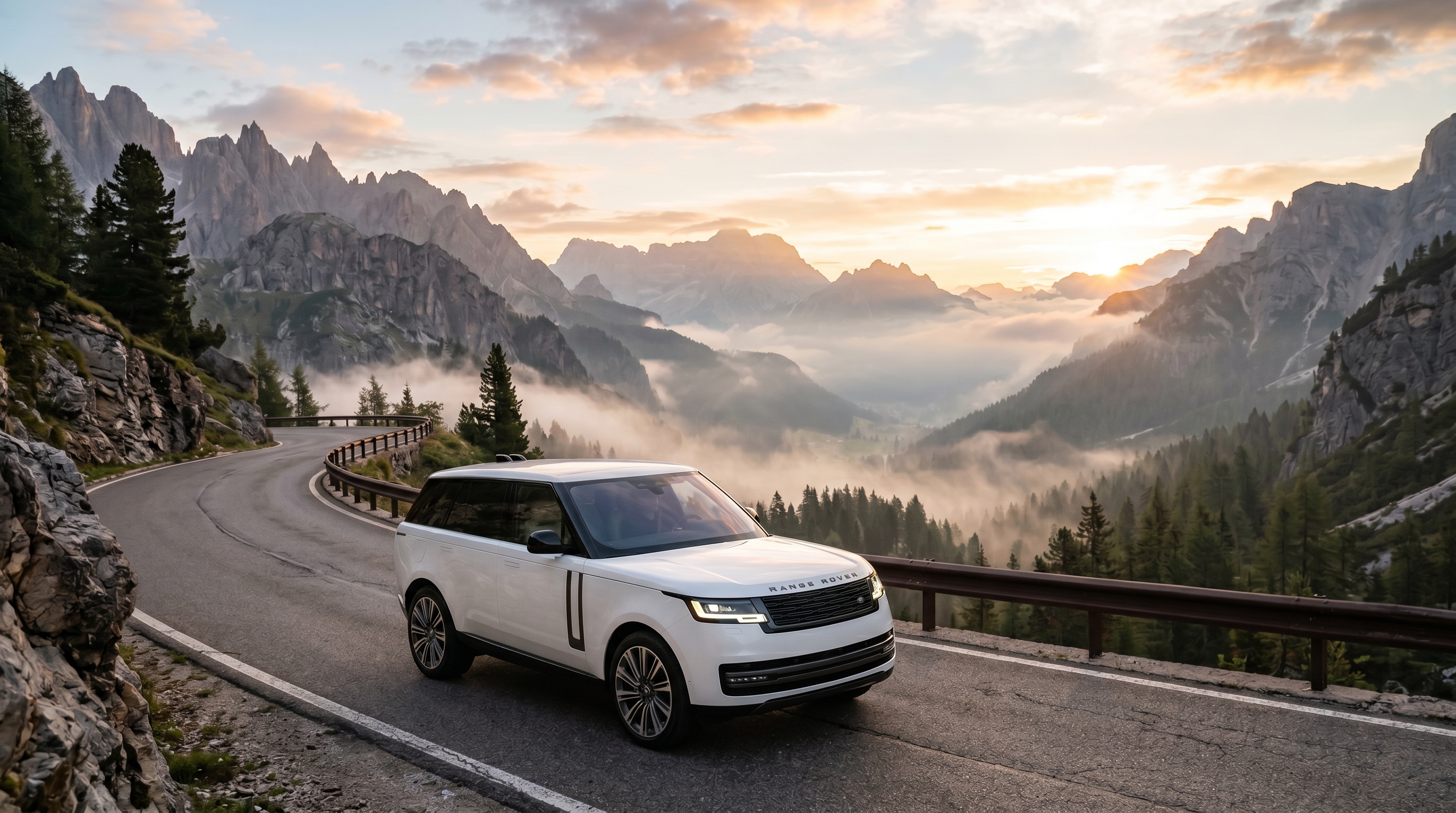 Range Rover Autobiography blanco en carretera de montaña al amanecer