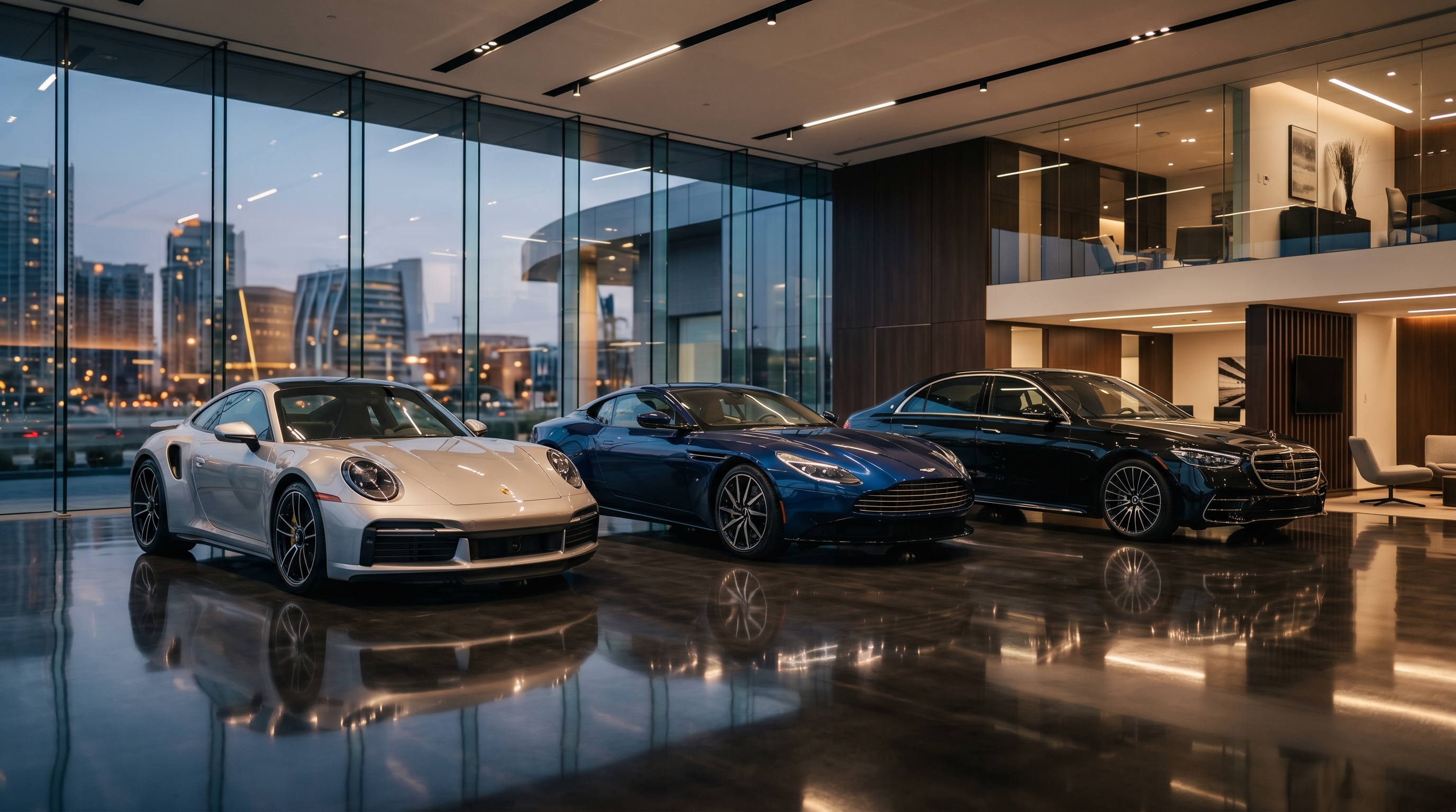 Lineup de autos de lujo en showroom acristalado